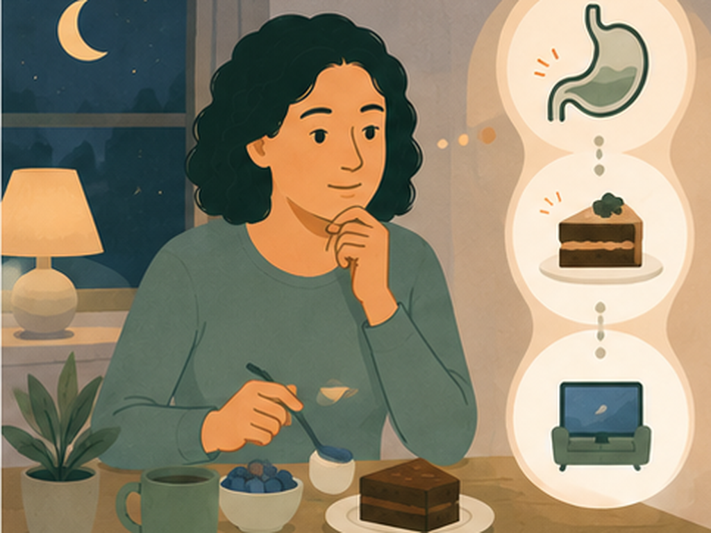 Illustration of a person noticing a familiar urge to snack after finishing dinner