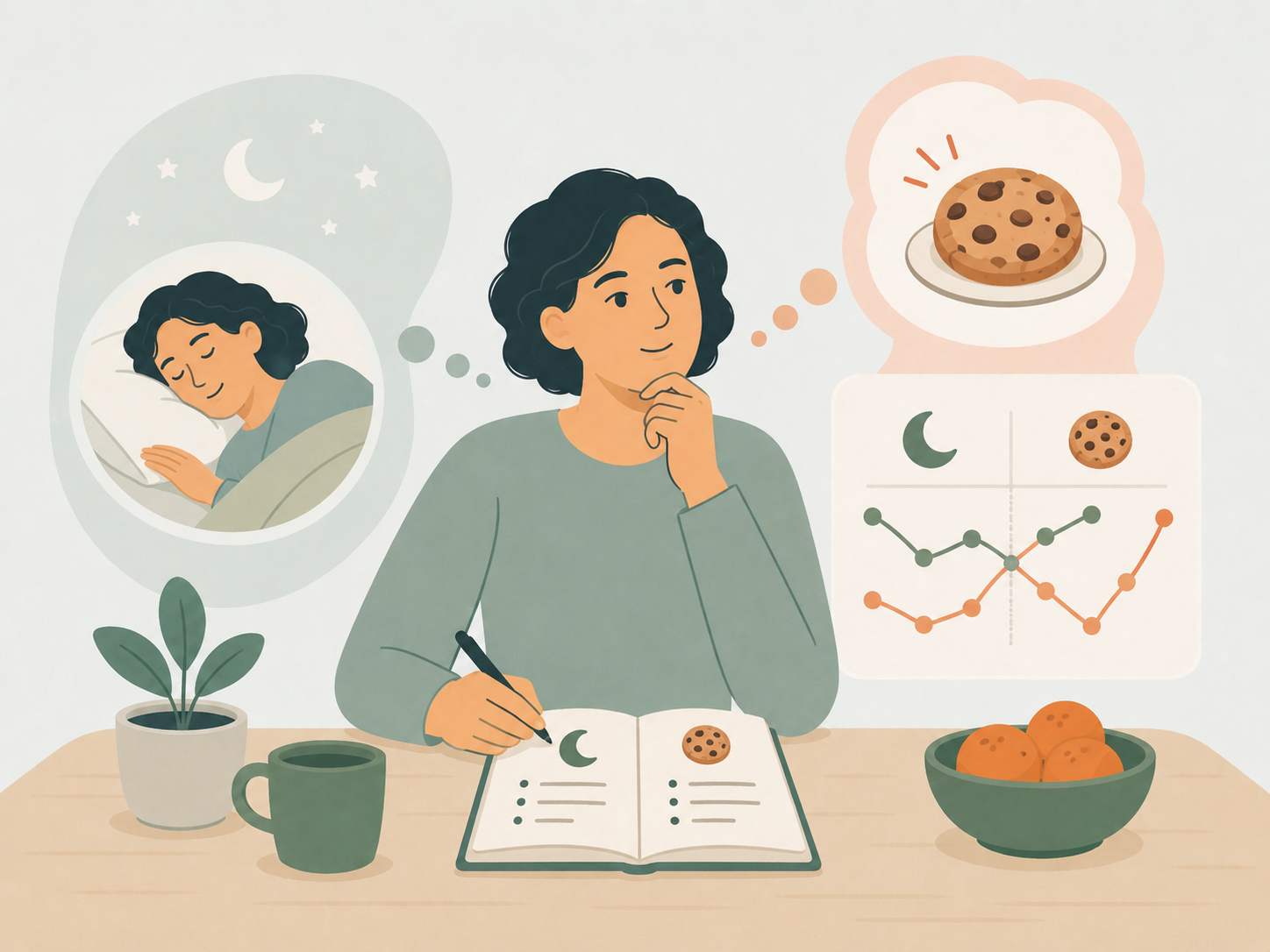 Illustration comparing sleep quality with next-day food craving patterns