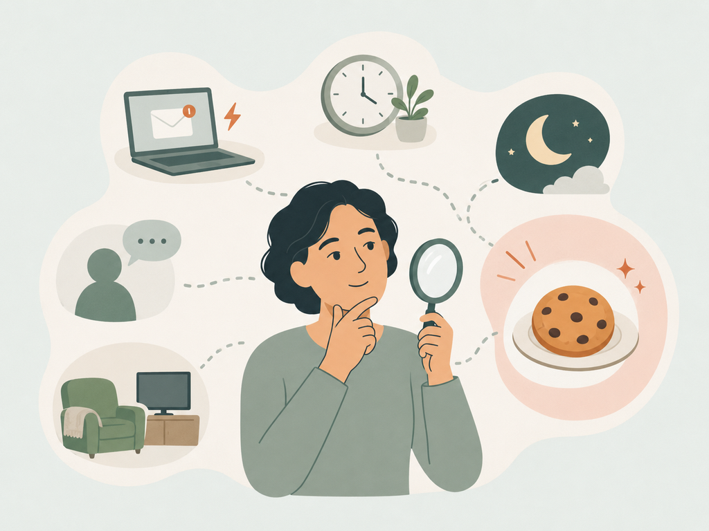 Illustration showing emotional eating triggers such as stress, time, routine and nighttime cues