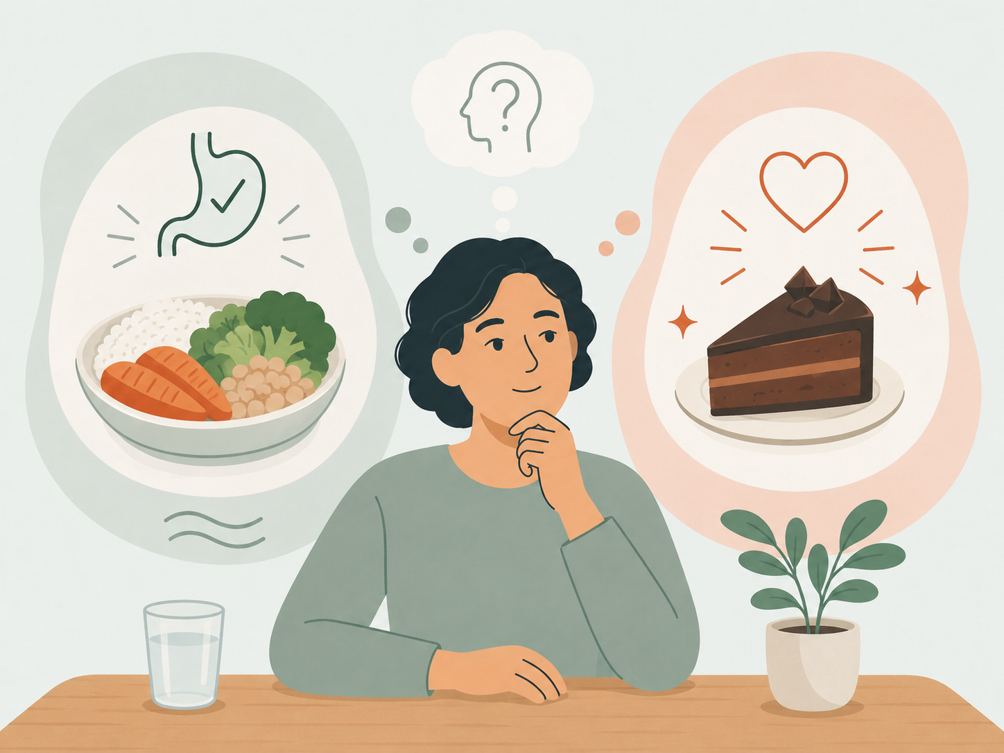 A person pausing to observe a food cue, with a thought bubble showing a pattern of cravings over time.