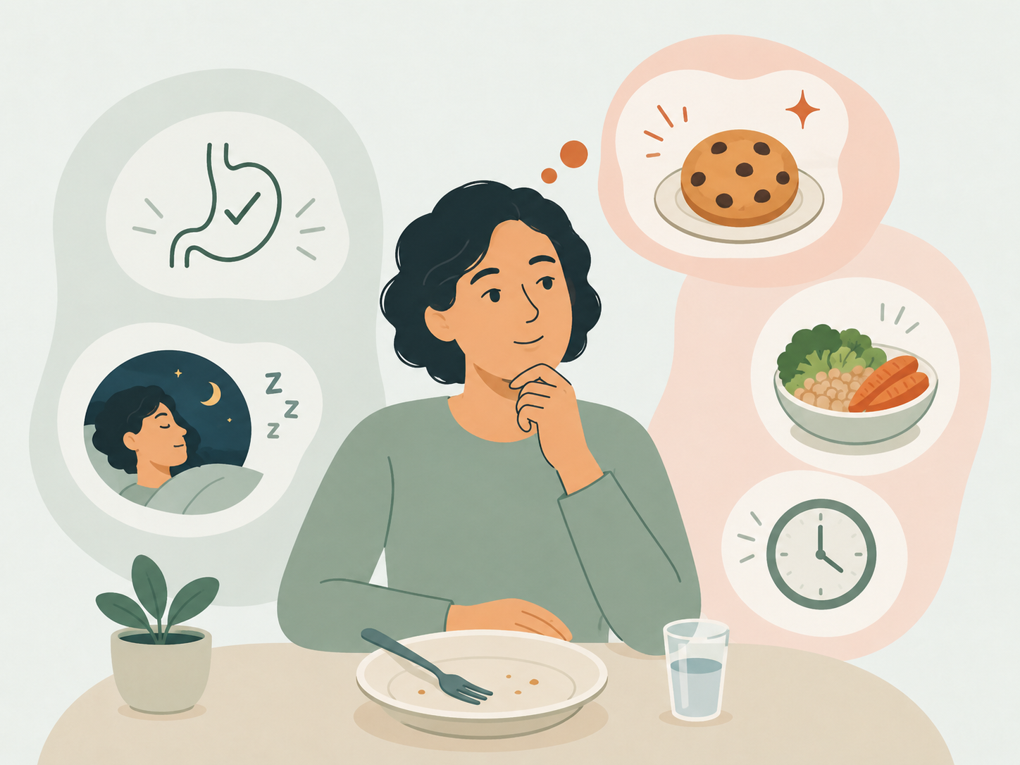 Illustration about feeling hungry again after finishing a meal