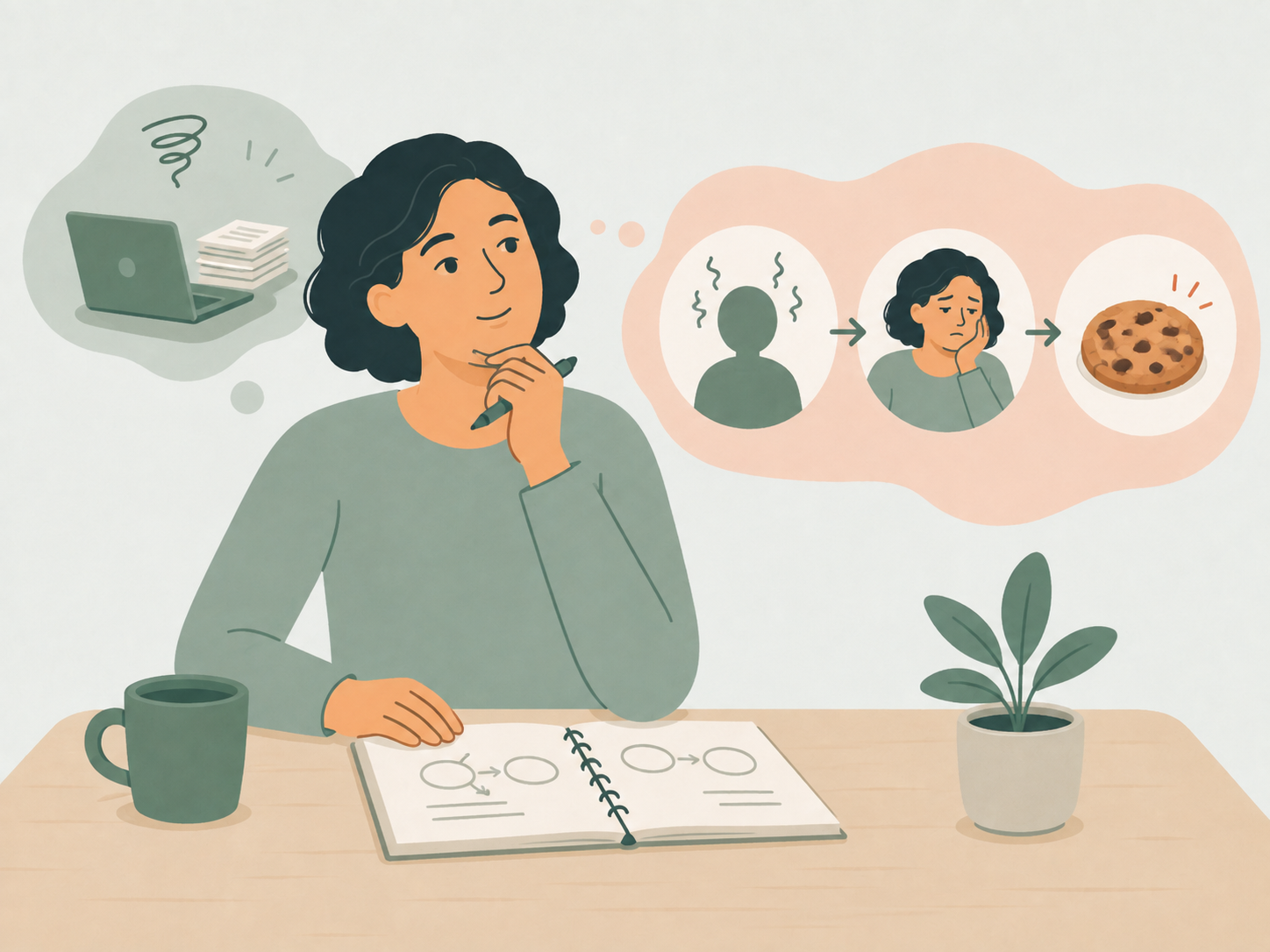 Illustration of a person mapping a repeated connection between stress and food cravings
