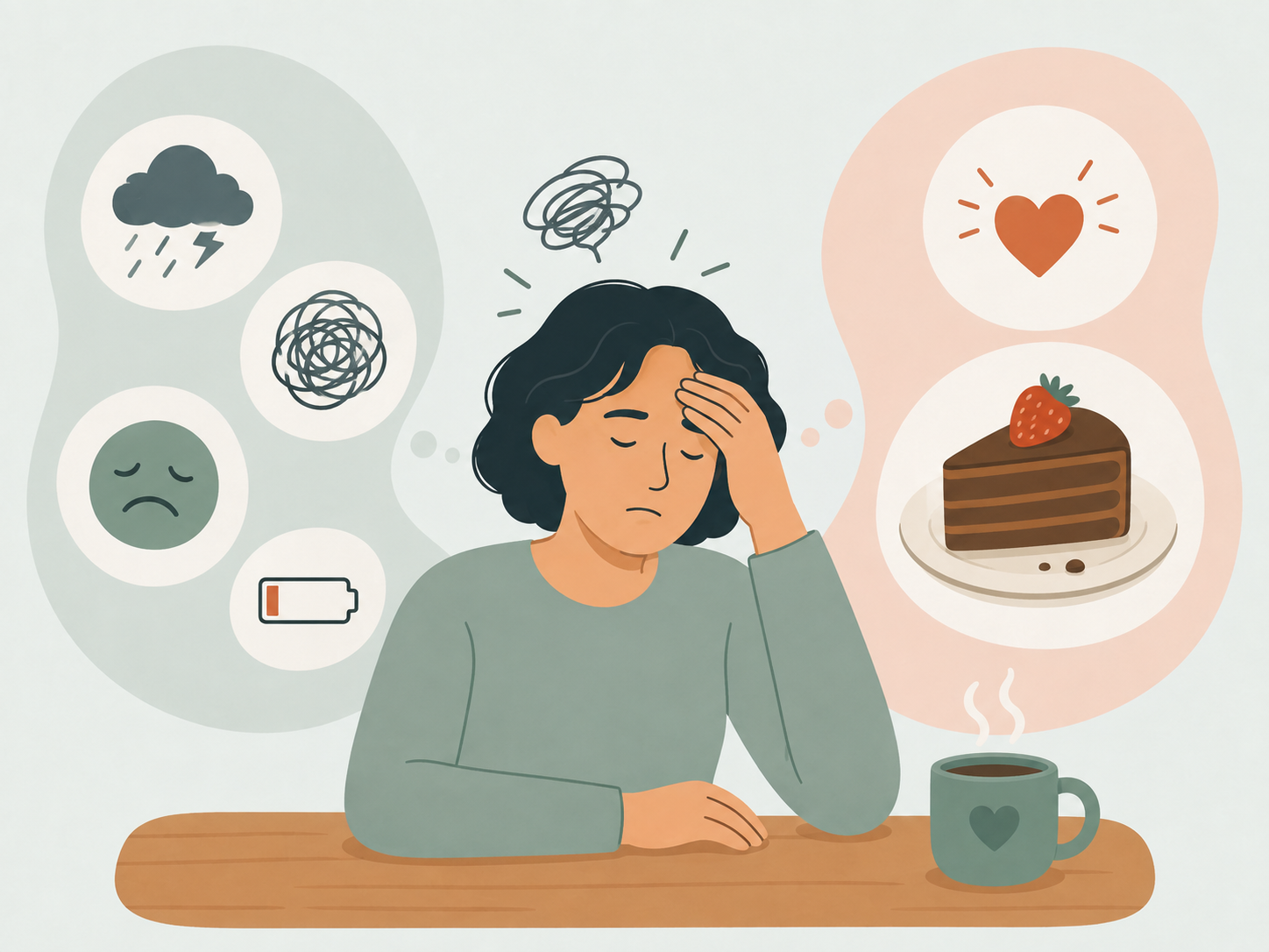 Illustration representing stress, emotions and food cravings for How to Stop Stress Eating at Night: A Practical Guide