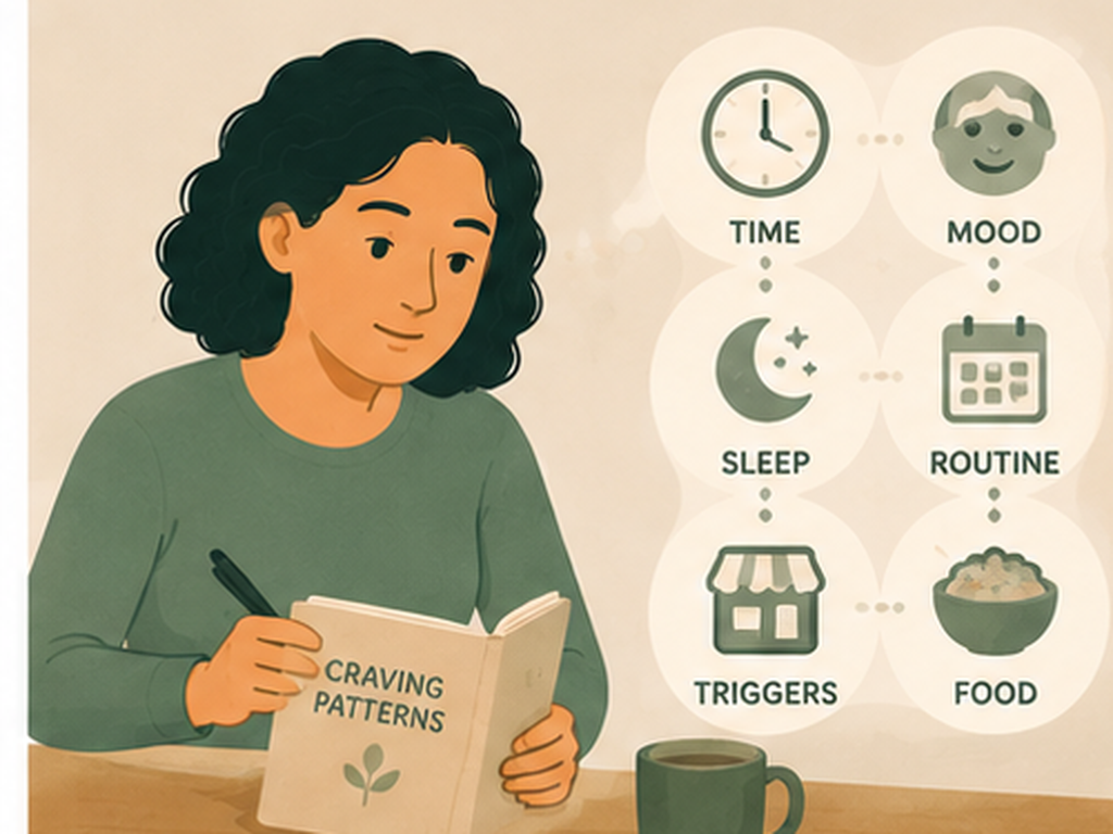 Illustration of a person noticing clues and patterns around a food craving